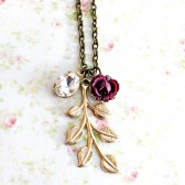 Sparkly Leaves and Plum Flower Necklace.