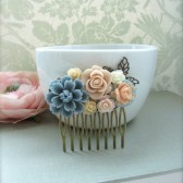 Vintage Style Collage Flower Hair Comb. Dusty Blue, Pink, Blue, Ivory Collage Hair Comb