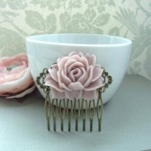 A Large Dusty Pink Rose Flower Antiqued Brass Filigree Hair Comb.