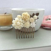 ivory Flowers, Pearl, Brass Leaf Antiqued Brass Filigree Collage Hair Comb