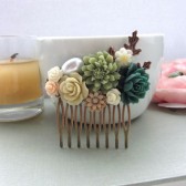 A Shabby Chic Green, Rustic, Green Rose, Copper Leaf, Vintage Style Collage Hair Comb