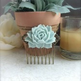 Large Mint Green Rose Flower Antiqued Brass Filigree Hair Comb. Statement Comb.