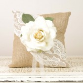 Burlap and Lace Ring Bearer Pillow with Ivory Rose