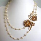 Splendor Glass Pearl, 14K Gold Plated and Gold Tone Floral Necklace