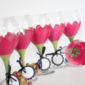 Hot pink gerbera daisy hand painted wine glasses for the bridal party