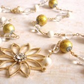 Radiant White Quartz, Metallic Glass, Clear Quartz and 14K Gold Plated Necklace with Swarovski Crystal Flower Brooch