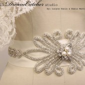 Michelle Glam Swarovski Crystal Sash Belt for Wedding Gown with Ivory Colored Sash