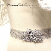 Claudine Embroidered and Beaded Bridal Sash with Crystal Vintage Brooch