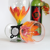 Red and Orange Hibiscus hand painted wine glass - Top rack dishwasher safe