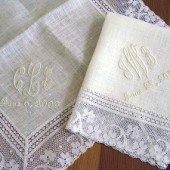 Ivory Color Irish Linen Handkerchief with 3-Initial Monogram & Date