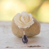 White Rose and Navy Pearl Teadrop Necklace