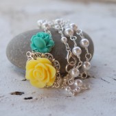 Dainty Asymmetrical Yellow and Seafoam Green Rose Necklace with White Swarovski Pearls