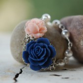 Navy and Pink Rose and White Pearl Asymmetrical Necklace