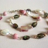 Uncover Freshwater Pearl, Faceted Glass, Rhodochrosite, Abalone Shell, Muscle Shell and Sterling Silver Necklace