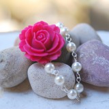 Pink Rose and White Pearl Necklace