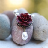 Burgundy Rose and Pearl Teardrop Necklace