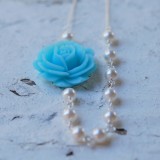 Blue Rose and White Pearl Asymmetrical Beaded Necklace