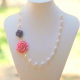 Pink and Purple Rose Cabochon Necklace with White Swarovski Pearls