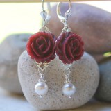 Burgundy Rose and White Pearl Earrings