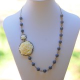 Vintage Style Ivory Flower and Navy Pearl Beaded Asymmetrical Necklace