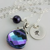 Monogrammed After Midnight Swarovski Crystal and Dark Purple Pearl Necklace on Sterling Silver