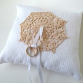 White linen wedding ring pillow with tea dyed doily