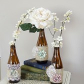 Vintage glass vase trio with burlap, lace and flower details