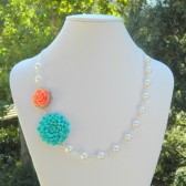 Turquoise Mum and Coral Rose Asymmetrical Necklace with White Swarovski Pearls