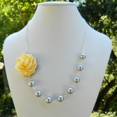 Light Yellow Rose and Grey Pearl Asymmetrical Necklace