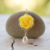 Yellow Rose and White Pearl Teardrop Necklace