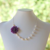 Romantic Purple Rose and Pearl Asymmetrical Necklace