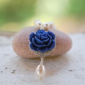 Cobalt Blue Rose and White Pearl Teardrop Necklace