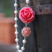 Pink Rose and White Pearl Necklace Asymmetrical