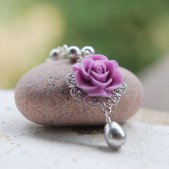Purple Rose and White Teardrop Pearl Necklace