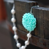 Aqua Flower and White Pearl Bridesmaids Necklaces