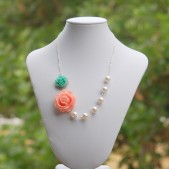 Pink Rose and Green Rose Asymmetrical Necklace with Large White Swarovski Pearls