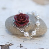 Burgundy Rose and White Pearl Bracelet