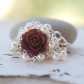 Burgundy Rose and White Pearl Necklace