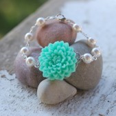 Aqua Flower and White Pearl Bracelet