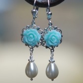 Blue Rose and Pearl Teardrop Earrings