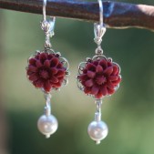 Burgundy Daisy and Pearl Earrings