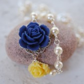 Blue and Yellow Rose Asymmetrical Pearl Necklace