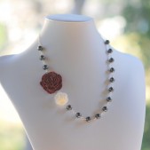 Burgundy Flower and Grey Pearl Beaded Asymmetrical Necklace