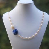 Cobalt Blue and Ivory Rose Asymmetrical Necklace with Ivory Swarovski Pearls