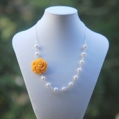 Mustard Yellow Carnation and White Pearl Asymmetrical Necklace