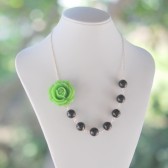 Green Rose and Black Pearl Necklace Asymmetrical