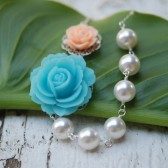 Blue and Peach Rose Pearl Necklace Asymmetrical