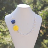Yellow and Blue Rose Asymmetrical Necklace with White Pearls