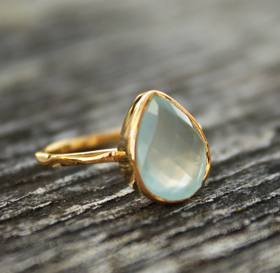 Chalcedony Ring - Teardrop Ring - Vermeil Gold 