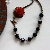 A Red Rose Garden - A Dark Red Chrysanthemum Flower, Swallow and Black Faceted Glass Beads Necklace.